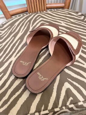 J. Crew Brown Leather and Cream Fabric Slide Mules